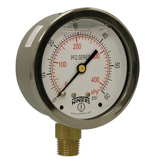 Winters 2-1/2" Dial Size, Liquid Filled Industrial Pressure Gauge, Brass Internals, 304 Stainless Steel Case, Dual Scale 0-60 psi/kPa, 1.5% Acc, 1/4" NPT Bottom Mount, Glycerin Filled Pressure Gauge