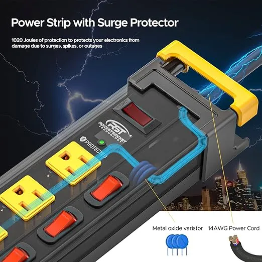 CRST 12 Outlets Long Power Strip, 9 FT Cord Metal Surge Protector Power Strip with Individual Switches, Wall Mount Power Strip with Cord Manager, 1020J, 15Amp/1875W for Garage,Workshop, Office, Home