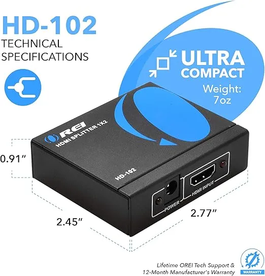 OREI HDMI Splitter 1 in 2 Out - For TV Mirror Only - Not for Multi Monitors, No HDCP bypass, USB Powered, No Adapter Included,1080P@60Hz & 4K@30Hz Resolutions – HDMI Splitter (HD-102)