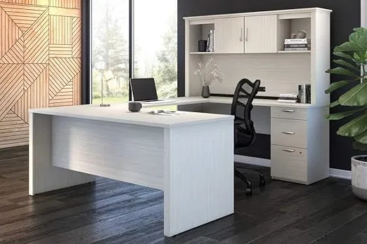 Bestar Logan 66W U or L-Shaped Executive Office Desk with Pedestal and Hutch in White Chocolate