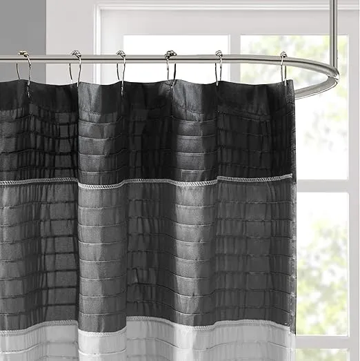 Madison Park Amherst Bathroom Shower Curtain Faux Silk Pieced Striped Modern Microfiber Bath Curtains, 72x72 Inches, Black