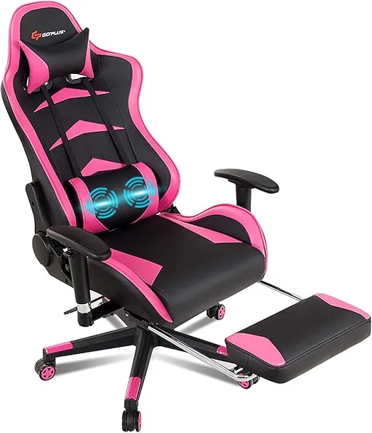 POWERSTONE Gaming Chair - Pink Ergonomic Gaming Chair with Footrest for Women Racing Esports Computer Chair High-Back Lumbar Massage Leather Recliner Rolling Swivel Chair (Pink)