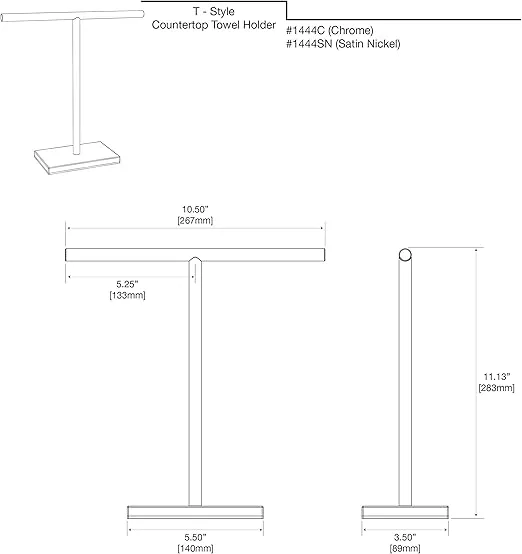 Gatco 1444C, Modern Rectangle Base Freestanding Countertop Towel Holder, Chrome / 10.50"W x 11.13"H T-Shape Style Countertop Hand Towel Holder for Bathroom, Kitchen/ Fingertip Towel Rack