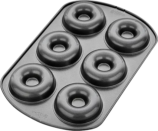 Wilton 6-Cavity Doughnut Baking Pan, Makes Individual Full-Sized 3 3/4" Donuts or Baked Treats, Non-Stick and Dishwasher Safe, Enjoy or Give as Gift, Metal (1 Pan)