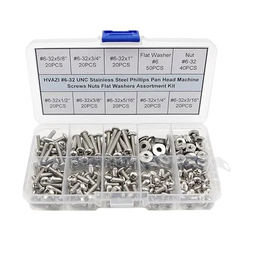 #6-32 UNC Stainless Steel Phillips Pan Head Machine Screws Nuts Flat Washers Assortment Kit