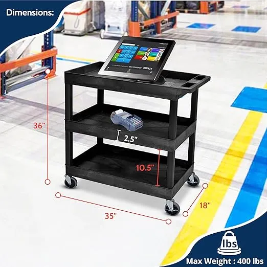 LUXOR EC111-B Tub Storage Cart 3 Shelves - Black,32" x 18"
