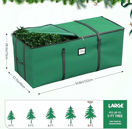 Mrrihand Christmas Tree Storage Bag, Large Artificial Christmas Tree, 9 Ft Anti-Tear Heavy-Duty 600D Oxford Cloth Christmas Tree Storage Box with Handles, Christmas Tree Storage Container (Green, 9Ft)