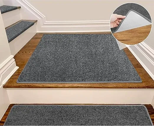 PURE ERA Bullnose Carpet Stair Treads Set Tape Free Non-Slip Indoor Stair Protectors Pet Friendly Rugs Covers Soft Skid Resistant Washable Reusable 9.5" x 30"(2 Pieces,Dark Gray)