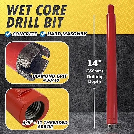 1-3/8" Wet Drill Core Bits for Concrete and Hard Masonry, Diamond Hole Saw, 14" Drilling Depth, 5/8"-11 Arbor, Wet Only