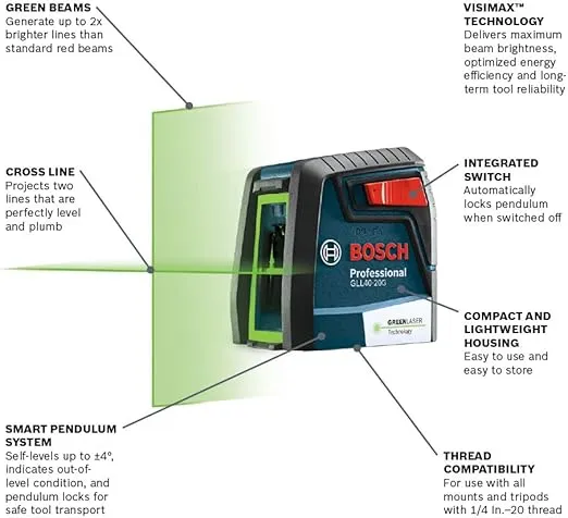 Bosch GLL40-20G 40 foot Self Leveling Green Beam VisiMax Cross Line Laser with Smart Pendulum System, Class II laser product, <5mW power output