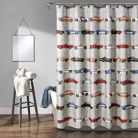 Lush Decor Race Cars Shower Curtain - Fabric Racing Print Design for Kids, 72” x 72”, Blue and Orange