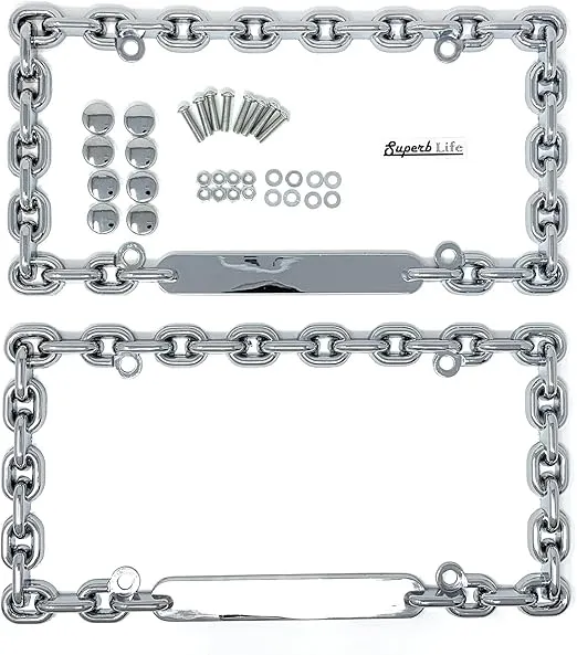 Universal Chrome Mega-Metal Round Chain Link Design License Plate Frame with Screws Caps, Set of 2