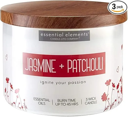 Candle Lite 4318020 Essential Elements 3-Wick Jar Candle, Jasmine & Patchouli, 14.75-oz. - Quantity 3