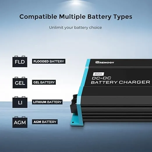 Renogy 12V 60A DC to DC On-Board Battery Charger for Flooded, Gel, AGM, and Lithium, Using Multi-Stage Charging in RVs, Commercial Vehicles, Boats, Yachts, 60A