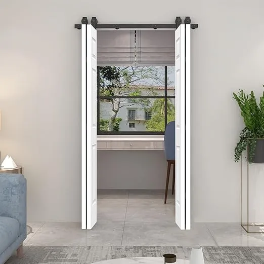 48 in. x 84 in. Hollow Core 6 Panel White Painted MDF Composite Double Bi-Fold Barn Door with Sliding Hardware Kit