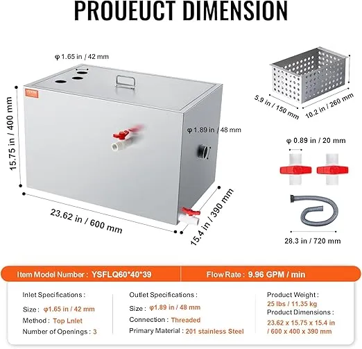 VEVOR Commercial Grease Trap, 40 LBS Grease Interceptor, Top Inlet Interceptor, Under Sink Stainless Steel Grease Trap, 10 GPM Waste Water Oil-water Separator, for Restaurant Canteen Home Kitchen