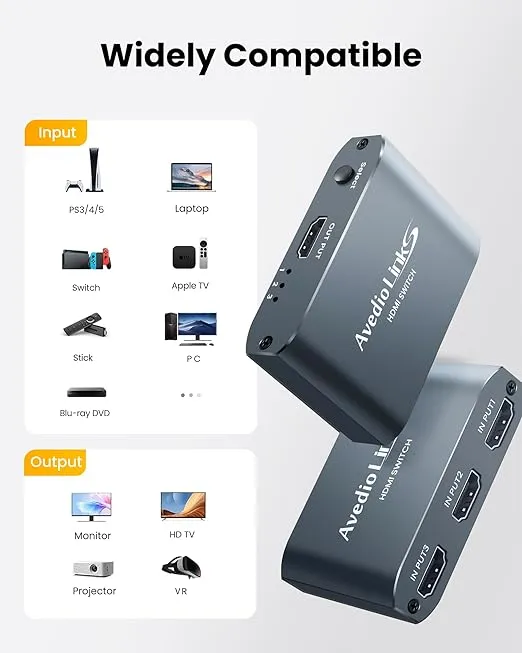 HDMI Switch 3 in 1 Out 4K@60Hz Aluminum Alloy【with 4FT HDMI 2.0 Cable】, avedio links 3x1 HDMI Multi Port Switch, 3 Way HDMI Selector Switcher Support HDCP 2.2, HDR 10, for Fire TV Stick, PS5