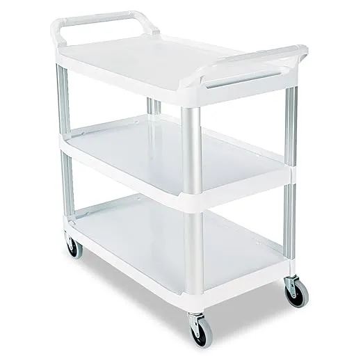 Rubbermaid Commercial Products Heavy Duty 3-Shelf Rolling Service/Utility/Push Cart, 300 lbs. Capacity, Black, for Foodservice/Restaurant/Cleaning