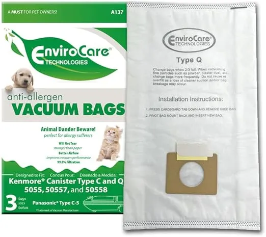 EnviroCare Replacement Allergen Vacuum Cleaner Dust Bags designed to fit Kenmore Canister Type C or Q 50555, 50558, 50557 and Panasonic Type C-5 3 pack
