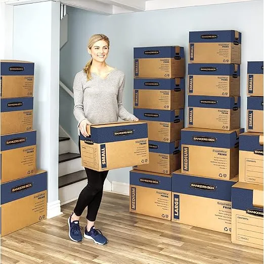 Bankers Box Large Prime Moving Box 6 Pack, Reinforced Handles, Tape-Free Assembly, Attached Lid, 18-in x 18-in x 24-in (0062904)