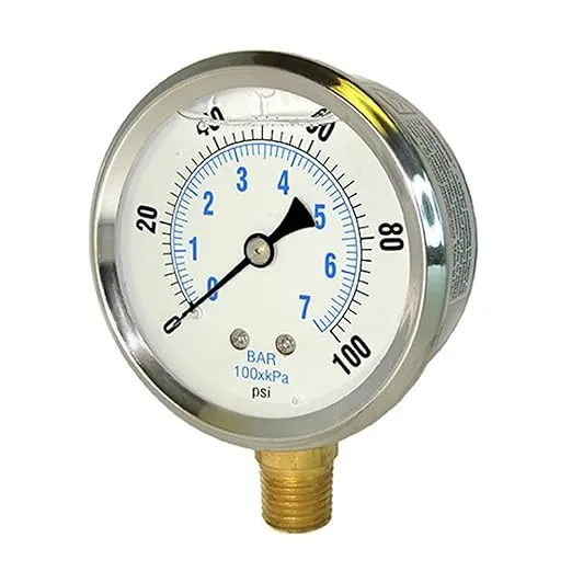 PIC Gauges PRO-201L-254E 0-100 PSI Pressure Gauge, 2 1/2" Dial, 1/4" Male NPT Connection, Bottom Mount, Dual Scale, Glycerin Filled, Stainless Steel Case/Bezel, Brass Internals & Plastic Lens