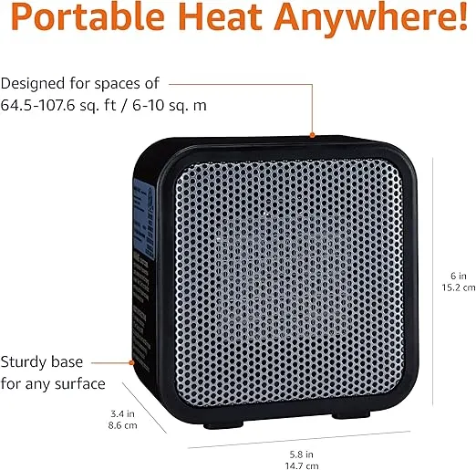 Amazon Basics Ceramic Space Heater, Mini Heater for Office Desk, Portable Tent Heater for Camping (Indoor Use), 500 W, With Tip-Over Protection, Lightweight (1.4 LBS), Black, 5.8"D x 3.4"W x 6"H