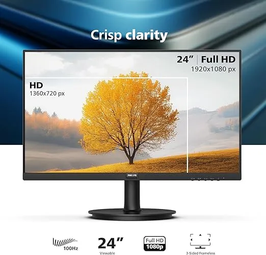 PHILIPS 24 inch Frameless Full HD (1920 x 1080) 100Hz Monitor, VESA, HDMI x1, VGA Port x1, Eye Care, 4 Year Advance Replacement Warranty, 241V8LB