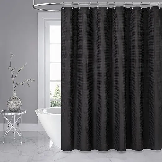 Dynamene Black Fabric Shower Curtain - Waffle Textured Heavy Duty Cloth Curtains for Bathroom, 256GSM Hotel Spa Luxury Weighted Polyester Bath Curtain Set with 12 Plastic Hooks(72Wx72H, Black)