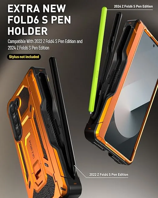 Poetic Spartan Case for Galaxy Z Fold 6, [Hinge Protection][Kickstand][Compatible with Fold 3/4/5/6 S Pen] Full-Body Protective Rugged Cover with Pencil Holder, Screen Protector, Metallic Orange