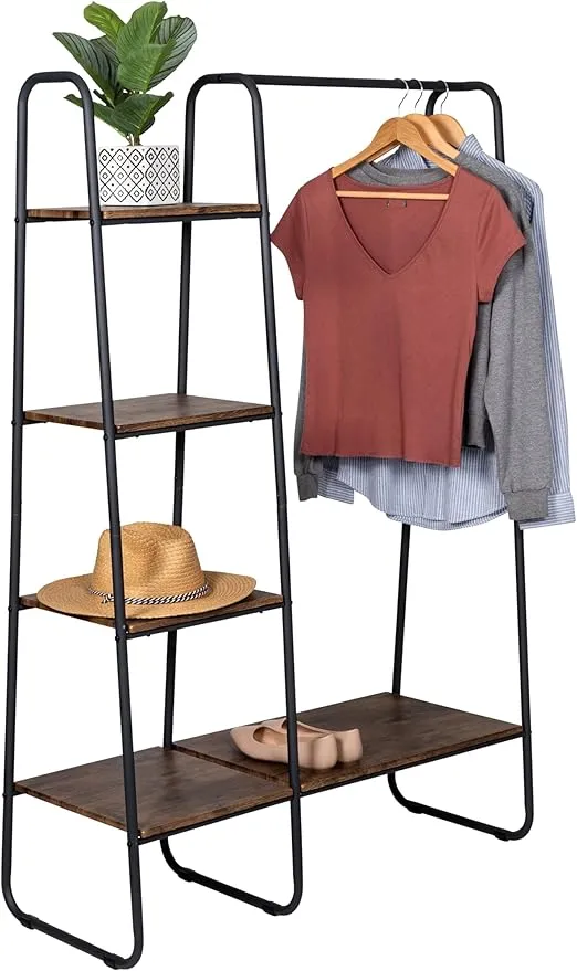 Honey-Can-Do Freestanding Metal Clothing Rack with Wood Shelves, Black/Natural, GAR-09567