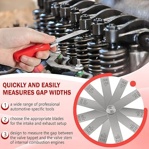 A308 Offset Valve Tappet Gauge Set Premium 11-Blade Feeler Gauge Kit Sizes from 0.004" to 0.014" includes Two Red Handles