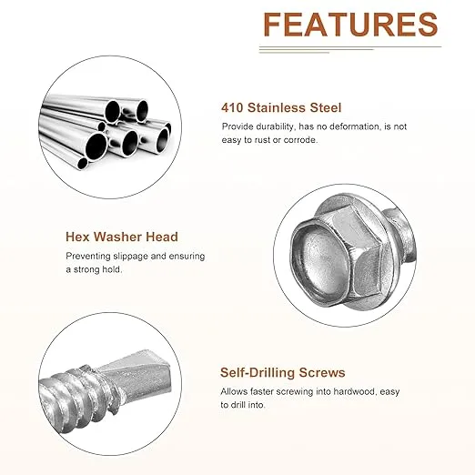 #10x1/2" Hex Washer Head Self Drilling Screws - 100Pack - Good for Machine - 410 Stainless Steel - Self Tapping Sheet Metal Screws