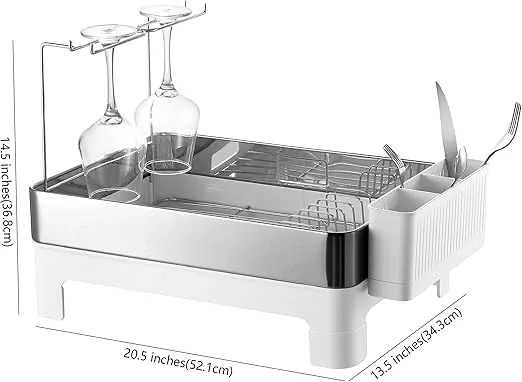 happimess DSH1003B Simple 20.5' Fingerprint-Proof Stainless Steel Dish Drying Rack, Dish Rack with Swivel Spout Tray and Wine Glass Holder, Utensil Holder, Stainless Steel/White, Silver/White