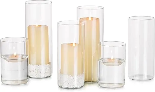 Glasseam Hurricane Glass Candle Holders Set of 6, Clear Cylinder Candle Holders for Pillar Candles, Modern Floating Candles for Centerpieces Vases, Candle Holders for Table Centerpiece, 4"+6"+8"