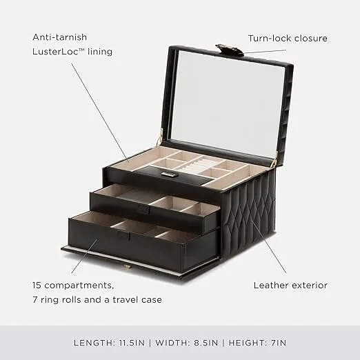 WOLF Caroline Medium Jewelry Case, Black - 15 Compartments & Seven Ring Rolls - Anti-Tarnish LusterLoc Lining - Includes Travel Case