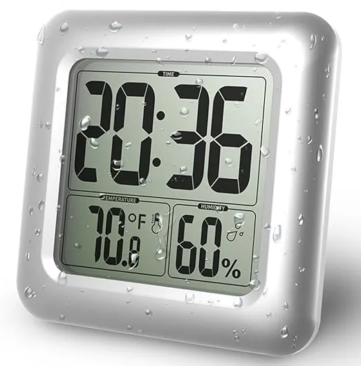 BALDR Digital Bathroom Clock - Waterproof Shower Clock with Timer - Large LCD Display Waterproof Timer for Shower with Temperature in C/F and Humidity, Shower Timer, Shower Clock for Bathroom