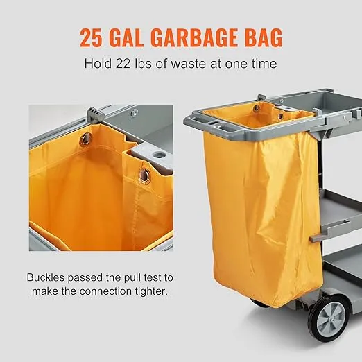 VEVOR Cleaning Cart, 3-Shelf Commercial Janitorial Cart, 200 lbs Capacity Plastic Housekeeping Cart, with 25 Gallon PVC Bag, 47" x 20" x 38.6", Yellow+Grey