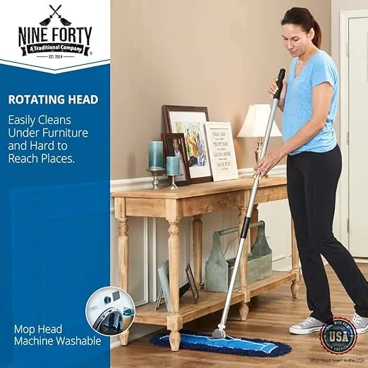 Nine Forty 48" Premium Nylon Dust Mop- Heavy Duty Mop Head for Industrial, Commercial, and Residential Cleaning - Dry Floor Duster for Hardwood Surfaces and Commercial Applications - Blue
