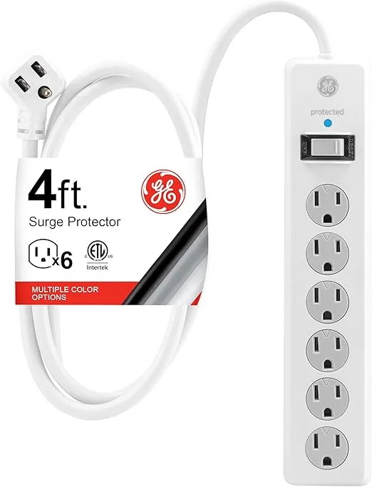 GE 6-Outlet Surge Protector, 4 Ft Extension Cord, Power Strip, 800 Joules, Flat Plug, Twist-to-Close Safety Covers, Protected Indicator Light, UL Listed, White, 33658