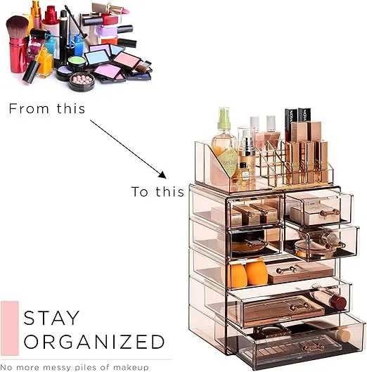 Sorbus Clear Cosmetic Makeup Organizer - Make Up & Jewelry Storage Case Display for Dresser, Bathroom, Vanity (3 Large, 4 Small Drawers, Bronze Glow)