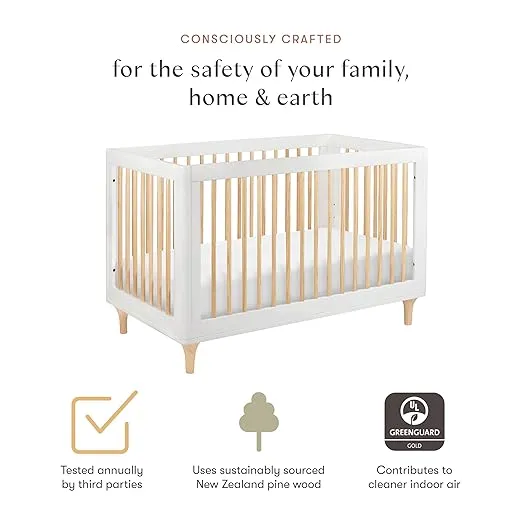 Babyletto Lolly 3-in-1 Convertible Crib with Toddler Bed Conversion Kit in White and Natural, Greenguard Gold Certified