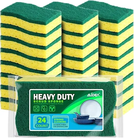 AIDEA Sponges Kitchen, Heavy Duty Scrub Sponges-24Count, Sponges for Dishes, Cellulose Dish Sponge, Cleans Fast Without Scratching, Cleaning Sponges for Non-Coated Cookware, Dishes, Pots, Pans