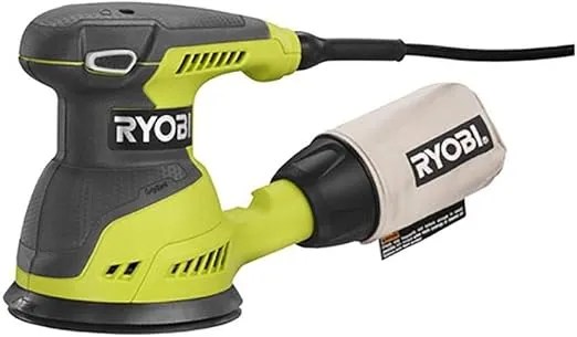Ryobi RS290G 2.6 Amp 12,500 OPM Single Speed 5 Inch Hook and Loop Corded Random Orbit Sander w/ 3 Pads and Dust Bag