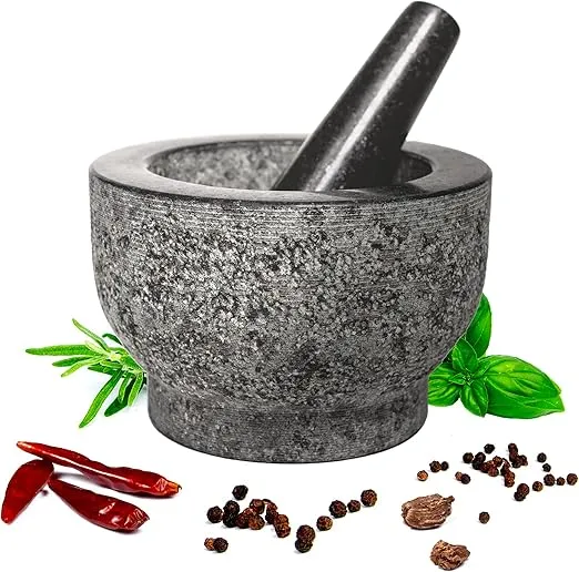 HiCoup Mortar and Pestle Set - 6 Inch Granite, Large Molcajete Bowl with Stone Grinder - Spice, Herb and Avocado Masher for Guacamole, Salsa and Pesto - Holds 2 Cups﻿