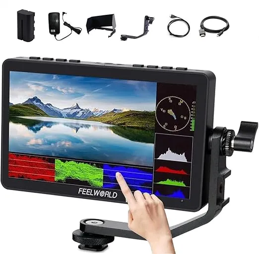 Feelworld F5 Pro Camera Field Monitor 5.5 Inch Touch Screen 4K DSLR 1920x1080 HDMI IPS FHD Power Kit to 5V Type-C Input Include 12V Adapter Tilt Arm and Battery