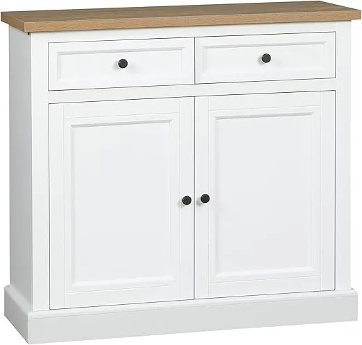 HOMCOM Sideboard Buffet Cabinet, Kitchen Cabinet, Coffee Bar Cabinet with 2 Drawers and Double Door Cupboard for Living Room, Entryway, White