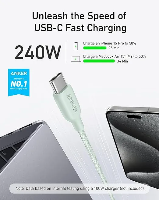 Anker USB C Cable [2 Pack, 6FT] , 240W Bio-Braided Type C Fast Charge Cord for iPhone 16/16 Pro, MacBook Pro 2020, iPad Pro,and More(USB 2.0, Green)