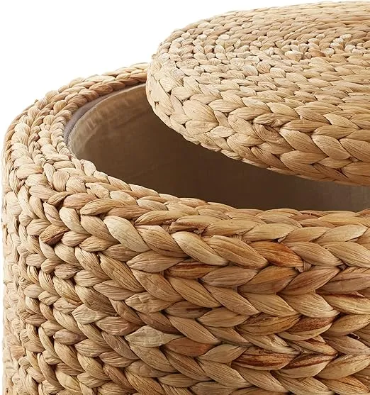 Casafield 17" Round Storage Ottoman with Lid - Natural, Handwoven Water Hyacinth Footstool for Living Room, Bedroom, Bathroom, Home Office