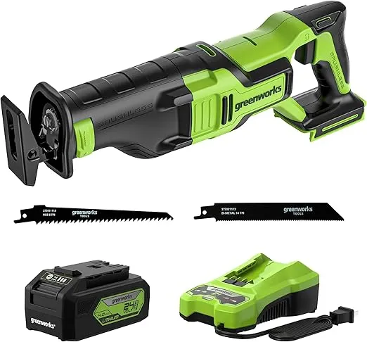 Greenworks 24V Brushless (1-1/8") Cordless Reciprocating Saw (2,700 SPM), 4.0Ah USB Battery and Charger Included