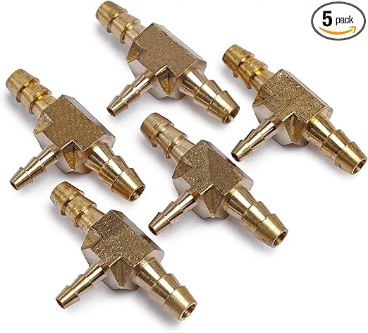 LTWFITTING Brass Barb Tee Fitting 1/4-Inch x 1/4-Inch x 1/8-Inch ID Hose for Water Fuel Boat (Pack of 5)